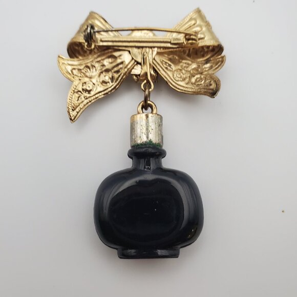 Vintage Ornate Gold Metal Bow w/ Dangling Black Glass Perfume Bottle Brooch Pin - Picture 4 of 6